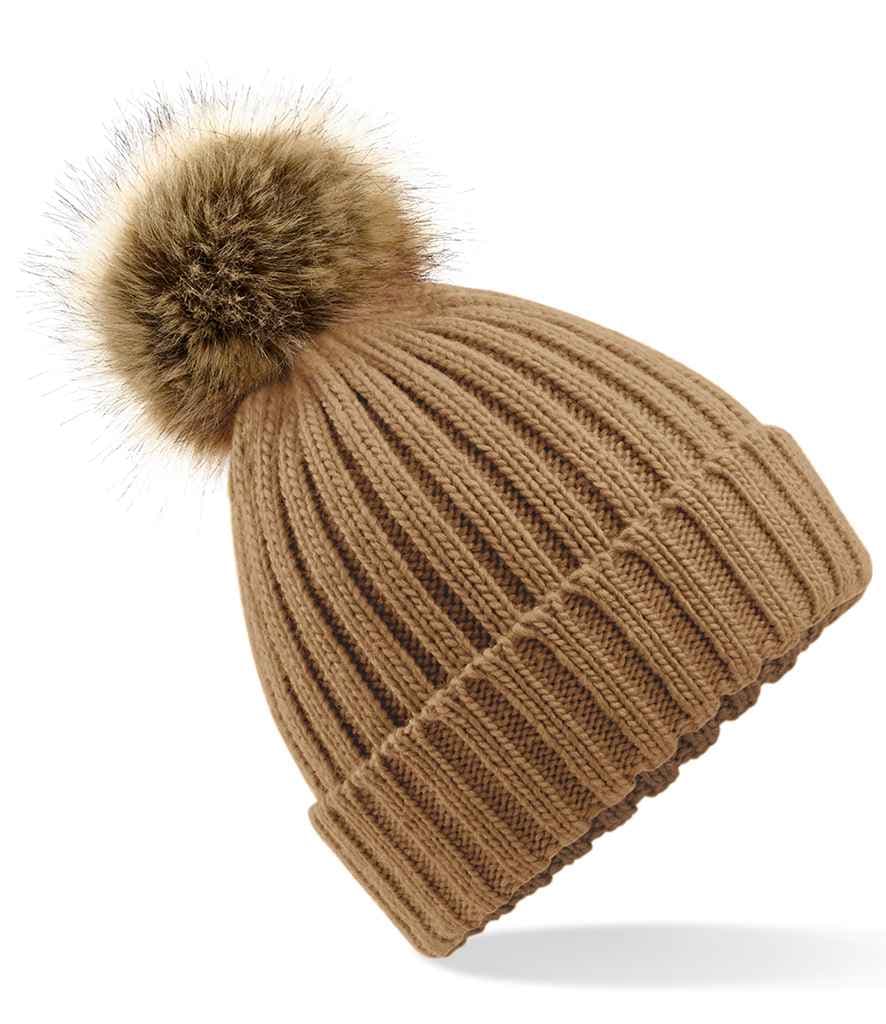 Beechfield Faux Fur Pop Pom Chunky Beanie, Biscuit, view 1 of 1