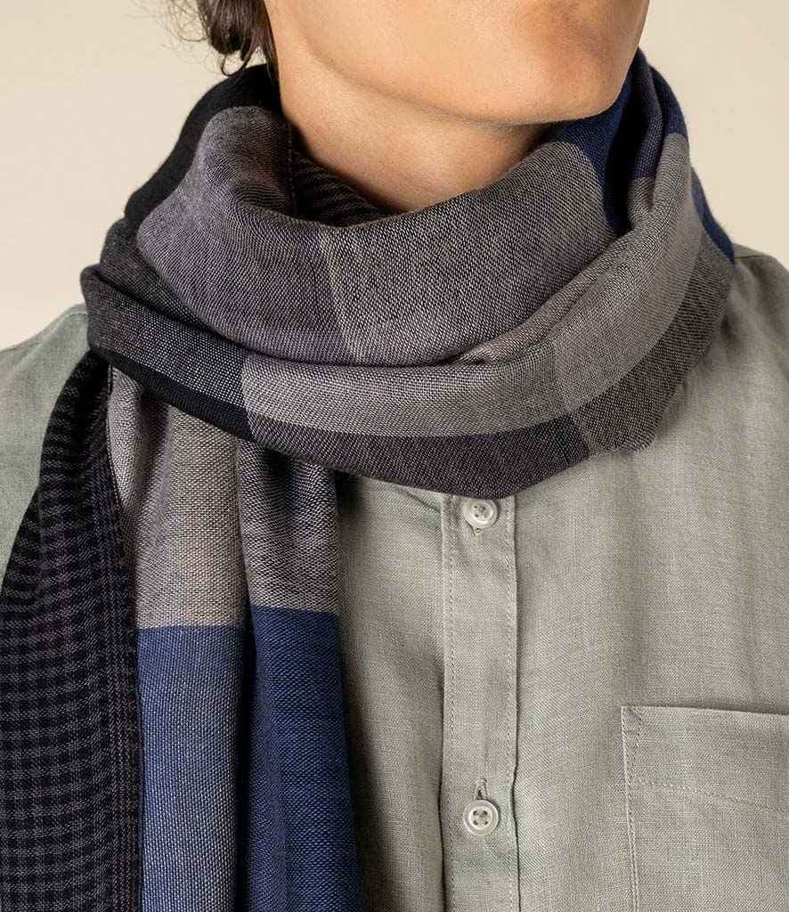 Spasso Blue Patchwork/Check Reversible Scarf, Blue Patch/Blue Check, view 1 of 1